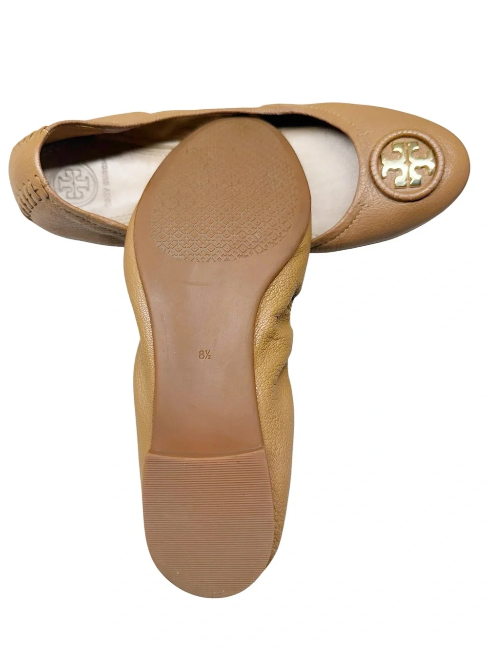 Tory Burch Brown Leather Logo Round-Toe Ballet Flats